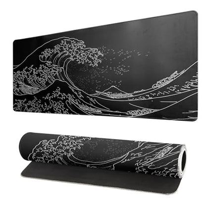 Japanese Gaming Mouse Pad Abstract Black Mouse Pad 31.5x11.8 Inch Black Sea Wave Texture Non-Slip Rubber Base Large Ocean Mousepad Stitched Edges Keyboard Mouse Mat Desk Pad for Office and Home - color: Sea Wave