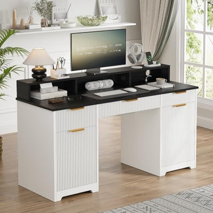 Office Desk MDF, Power Outlets, Monitor Stand, White/Black | MDF desk, built-in power outlets, raised monitor stand, keyboard pull-out, file cabinet drawers, home office