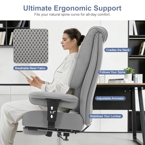 EXCEBET Big and Tall Executive Office Chair 400lbs Wide Seat, Mesh Grey | Wide seat, Retractable footrest, 135° recline, Lumbar support, Breathable mesh,Ergonomic high back for lower back pain relief - color: Mesh Dove Grey