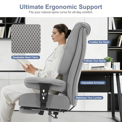 EXCEBET Big and Tall Executive Office Chair 400lbs Wide Seat, Mesh Grey | Wide seat, Retractable footrest, 135° recline, Lumbar support, Breathable mesh,Ergonomic high back for lower back pain relief - color: Mesh Dove Grey