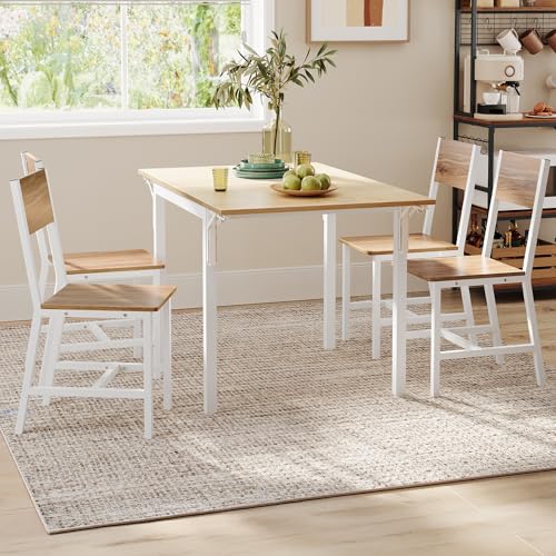VASAGLE Dining Chair Set of 4, Wood Kitchen Chairs with Metal Steel Frame, Easy to Assemble, Comfortable Seat, Modern Farmhouse Chair for Kitchen, Bedroom, Living Room, Wheat Brown and Cloud White - color: Wheat Brown + Cloud White, size: 4 Pack