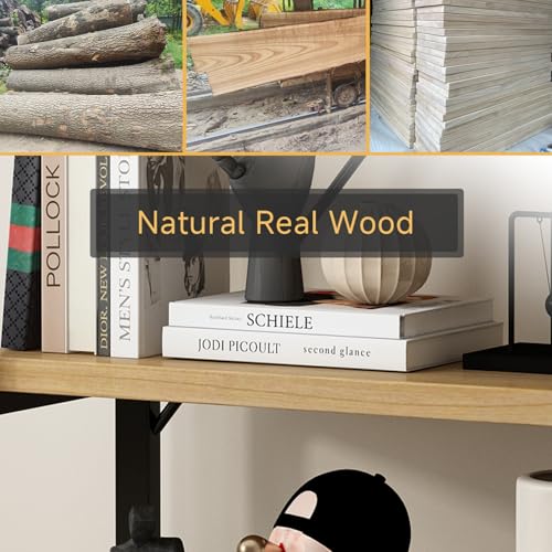 Real Solid Wood Rustic Vintage Industrial Etagere Bookshelf, Metal & Timber Free Vintage Bookcase, Retro Brown (Genuine Timber) (6-Tiers-Natural Finish) - size: 6-Tiers-Natural finish