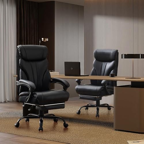 Office Chair with Footrest 500 LBS, Heavy Duty Executive Leather Desk Chair 100-135° Recline, Ergonomic Computer Chair for Heavy People Long Hours Work with Retractable Footrest, Black - color: Black With Footrest
