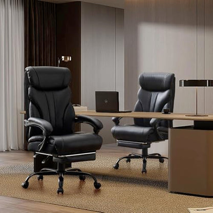 Office Chair with Footrest 500 LBS, Heavy Duty Executive Leather Desk Chair 100-135° Recline, Ergonomic Computer Chair for Heavy People Long Hours Work with Retractable Footrest, Black - color: Black With Footrest