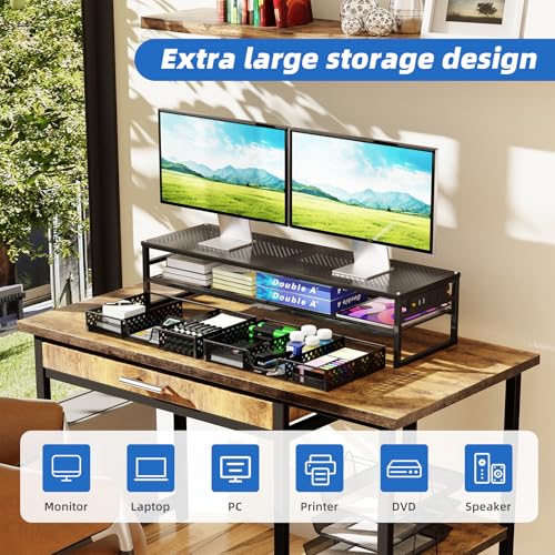Simple Trending 2-Tier Metal Dual Monitor Stand with USB & 2 Drawers, Black | 32"W x 10"D x 7"H. USB 2.0 + charging port. 2 drawers. Mesh cooling vents. Holds 100 lbs. Non-slip base. Cable ties included.