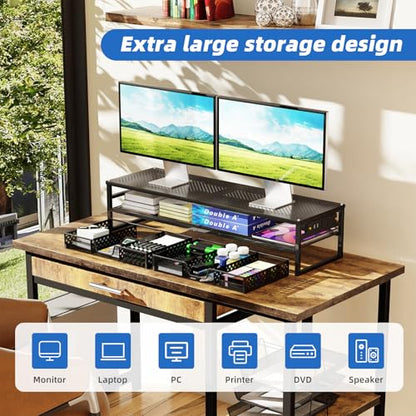 Simple Trending 2-Tier Metal Dual Monitor Stand with USB & 2 Drawers, Black | 32"W x 10"D x 7"H. USB 2.0 + charging port. 2 drawers. Mesh cooling vents. Holds 100 lbs. Non-slip base. Cable ties included.