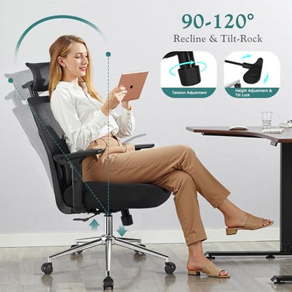 VECELO High Back Ergonomic Office Chair, Big and Tall Mesh Desk Chair with Wheels, Tilt Function, 3D Headrest, Lumbar Support, Swivel Rolling Computer Chair for Task, Home Office, Black