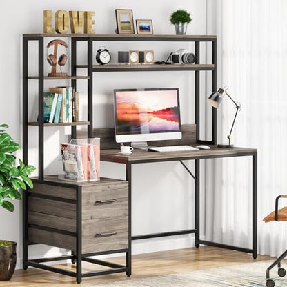 Tribesigns 55 Inch Computer Desk with 2 Drawers and Storage Shelves, Rustic Office Desk with Hutch, Study Writing Gaming Table Laptop Workstation for Home Office (Grey) - color: Grey