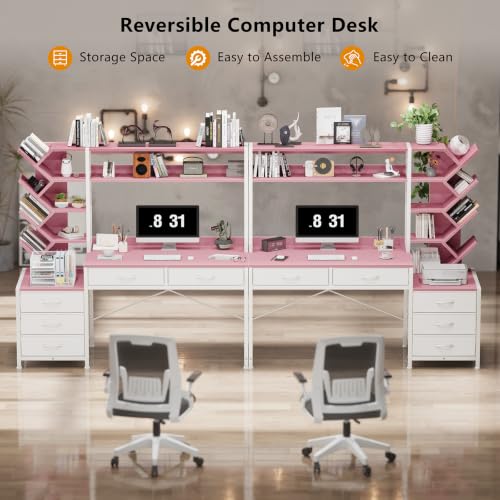 YOMILUVE 52" Computer Desk with Bookshelf, 5 Drawers ＆ Hutch for Bedroom | Pink Office Desk with Printer Shelf, Study Writing Desk with Storage Shelves - color: Pink