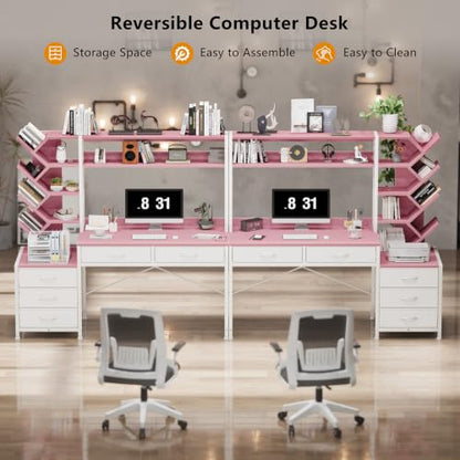 YOMILUVE 52" Computer Desk with Bookshelf, 5 Drawers ＆ Hutch for Bedroom | Pink Office Desk with Printer Shelf, Study Writing Desk with Storage Shelves - color: Pink
