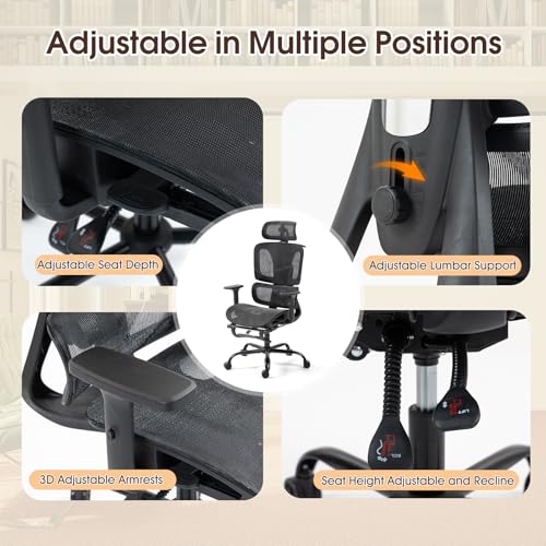 Black Ergonomic High Back Mesh Office Chair with Footrest | Adjustable Lumbar Support, Headrest, 360° Swivel, Reclining, Rolling Casters, Sturdy Base, for Home Office & Gaming - color: Black, style: Upgrade w/ footrest