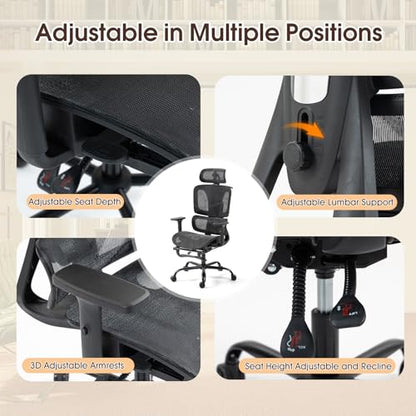 Black Ergonomic High Back Mesh Office Chair with Footrest | Adjustable Lumbar Support, Headrest, 360° Swivel, Reclining, Rolling Casters, Sturdy Base, for Home Office & Gaming - color: Black, style: Upgrade w/ footrest