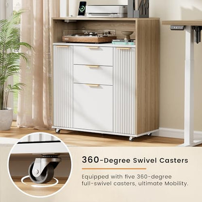 ModernMate Fluted Mobile File Cabinet with Charging Station | 37" Rolling Storage Cabinet with 3 Drawers, Printer Stand with Wheels for Home Office, Light Walnut - color: Light Walnut