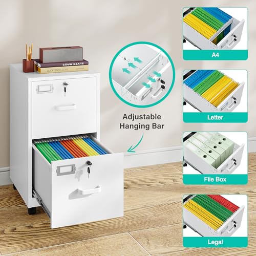 2 Drawer File Cabinet with Lock and Wheels,White Rolling File Cabinets,Locking Mobile Metal Filing Cabinet for Home Office,Under Desk,Fit A4/Letter/Legal File, Easy Assembly - color: White, style: 2 Drawer with Wheels