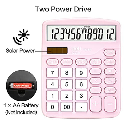 Calculator, Deli Standard Function Desktop Calculators with 12 Digit Large LCD Display and Sensitive Button, Solar Battery Dual Power Office Calculator, Pink - color: Pink