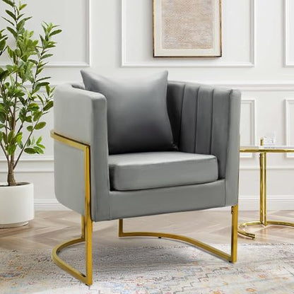 Velvet Accent Chair, Modern Barrel Arm Chair for Living Room/Bedroom/Guest Reception, Upholstered Club Armchair with Pillow & Gold Base, Grey - color: Grey, size: 1 PC