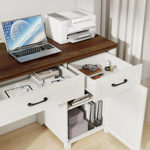 Vabches Farmhouse 61'' Executive Desk with 5 Drawers,Brown Top - color: Unique White, size: 61" W