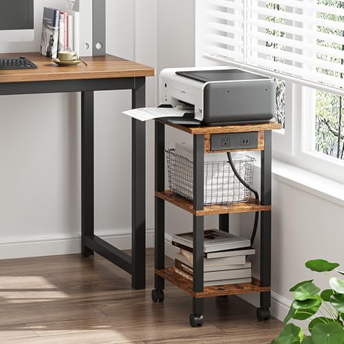 TUTOTAK Printer Stand, 3 Tier Rolling Printer Cart with Charging Station | Small Under Desk Printer Table with Wheels for Small Space, Office, Home, Brown PS02BB001 - color: Brown, size: 3 tier(15.7 x 11.8 x 23.6inchs)