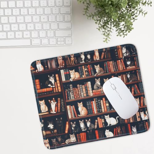 Mouse Pad for Desk with Stitched Edge, Premium Cute Washable Mouse Pads. Computer Mousepad with Non-Slip Rubber Base, Mousepads for Laptop, 9.25x7.75x0.12 inch (Cat Library) - color: Cat Library