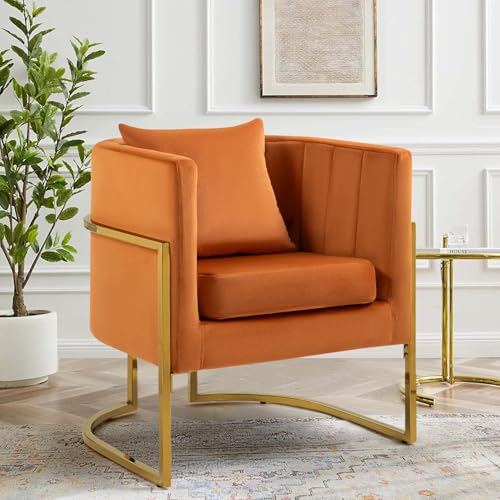Velvet Accent Chair, Modern Barrel Arm Chair for Living Room/Bedroom/Guest Reception, Upholstered Club Armchair with Pillow & Gold Base, Orange - color: Orange, size: 1 PC