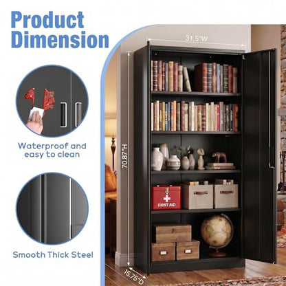 71" H Metal Garage Storage Cabinet,Lockable Steel File Cabinet with 4 Adjustable Shelves,Assembly Required, Warehouse,Office,Home, Black - color: Black, size: 15.75" × 31.50" W × 70.87" H.