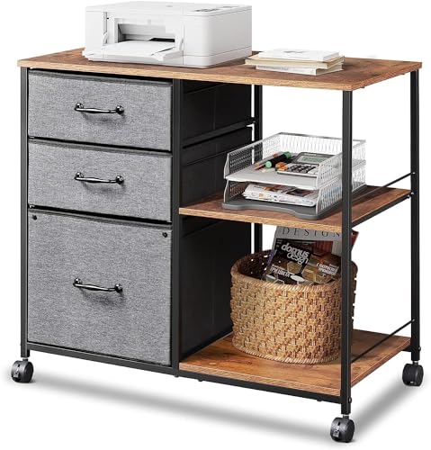 DEVAISE 3 Drawer Mobile File Cabinet with Open Storage Shelf | Rolling Printer Stand, Fabric Lateral Filing Cabinet fits A4 or Letter Size for Home Office, Rustic Brown and Gray - color: Rustic Brown & Gray Fabric Drawer