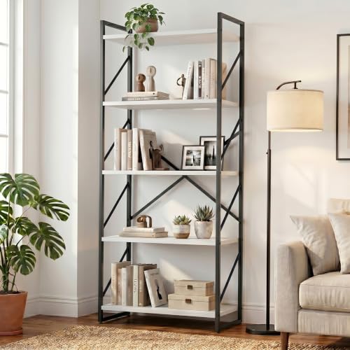 JAMFLY 5 Tiers Bookshelf, Classically Tall Bookcase Shelf,Industrial Book Rack,Modern Book Holder in Bedroom/Living Room/Home/Office, Ivory - color: Ivory