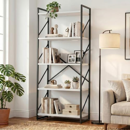 JAMFLY 5 Tiers Bookshelf, Classically Tall Bookcase Shelf,Industrial Book Rack,Modern Book Holder in Bedroom/Living Room/Home/Office, Ivory - color: Ivory