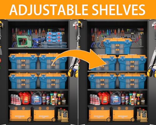 Upgraded Tall & Wide Metal Storage Cabinet with Doors & 4 Adjustable Shelves | Heavy-Duty Black Lockable Garage Cabinet with Wheels & Pegboard for Office, Gym, Basement, Warehouse (Black) - color: Black- Large