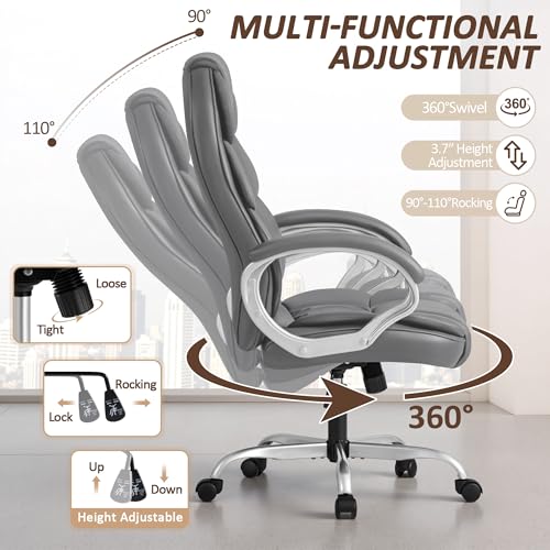 Homall Office Chair High Back Computer Chair Desk Chair, PU Leather Adjustable Height Modern Executive Swivel Task Chair with Padded Armrests and Lumbar Support (Gray) - color: Grey