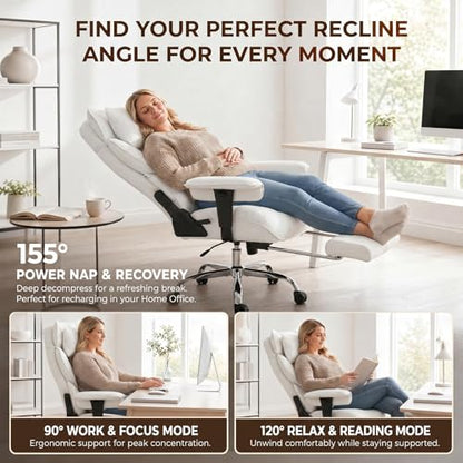 mokodo Big and Tall Office Chair 400lbs, Breathable Fabric Executive Desk Chair with Pocket Spring Cushion, 155° Reclining Computer Chair with Integrated Headrest & Lumbar Pillow (White) - color: White