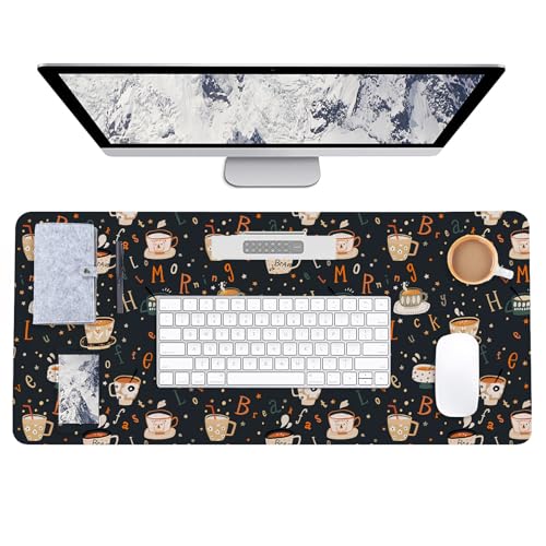 AUPET Leather Large Mouse Pad Desk Blotters – 35 x 17in Cute Desk Mat with PU Surface, Non-Slip Desk Pad Protector,Waterproof Desk Writing Pad for Office Home (Morning Coffee) - color: Morning Coffee
