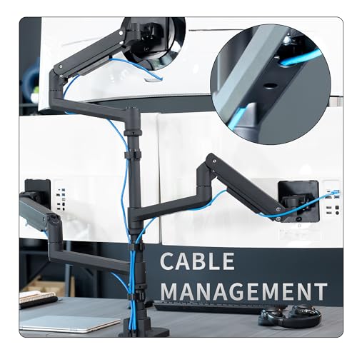 VIVO Pneumatic Arm Triple Ultrawide Monitor Extra Tall Desk Mount for Up to 49 inch Screens, Heavy Duty Clamp, Holds 3 Ultra Wides Up to 44 lbs, Black, STAND-V300D - size: Triple Mount, style: Desk Mount