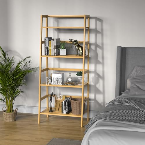 Bamboo Bookshelf, 4-Tier Ladder Shelf Freestanding Space Saver Open Bookcase Book Shelf, Bamboo Storage Shelving Unit Flower Plant Stand for Living Room, Bathroom, Home Office, Natural