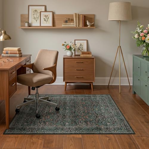 JTJ Washable Vintage Floral Office Chair Mat for Hardwood & Tile Floor, Non-Slip Ultra Soft Low Pile Under Desk Rug for Protecting Floor, Dark Green, 5' x 6' - color: Forest - Dark Green, size: 5' x 6'