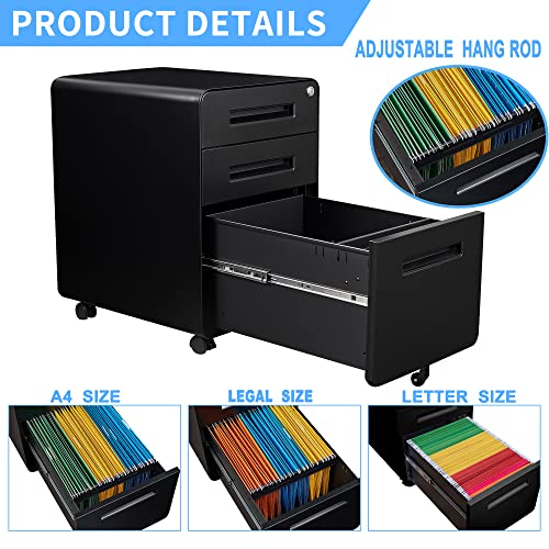 Letaya File Cabinet, 3 Drawer Filing Cabinets for Home Office with Lock Mobile Under Desk Fully Assembled Cabinet (Black) - color: Black, size: 18"D x 14.96"W x 23"H