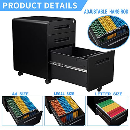 Letaya File Cabinet, 3 Drawer Filing Cabinets for Home Office with Lock Mobile Under Desk Fully Assembled Cabinet (Black) - color: Black, size: 18"D x 14.96"W x 23"H