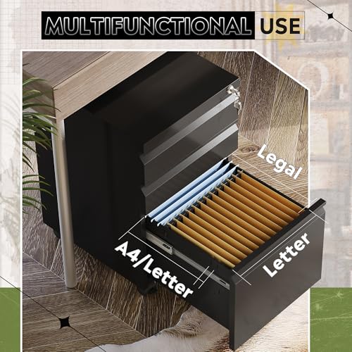 DEVAISE 3 Drawer File Cabinet with Lock, Fully Assembled Except Casters | Metal Filing Cabinet Under Desk for Home Office, Fits Letter/Legal/A4 Size, Black - color: Black, size: 17"D x 15"W x 24"H