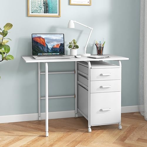 Giantex White Folding Desk for Small Space, Rolling Home Office Desk with 3 Drawers & Lockable Universal Wheels, Mobile Study Writing Desk for Dorm Apartment Bedroom - color: White