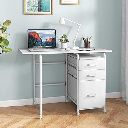 Giantex White Folding Desk for Small Space, Rolling Home Office Desk with 3 Drawers & Lockable Universal Wheels, Mobile Study Writing Desk for Dorm Apartment Bedroom - color: White