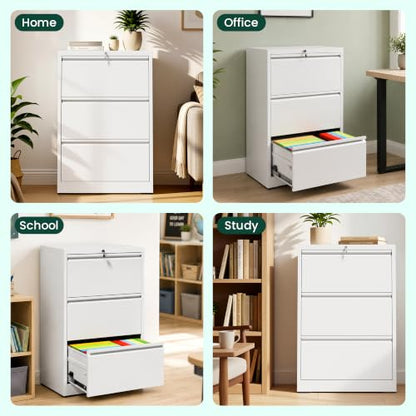 3 Drawer Lateral File Cabinet with Lock, File Cabinet for Home Office,White | Heavy-Duty Steel Locking File Cabinet, Hanging Letter/Legal/A4 Size, Full-Extension Silent Drawer, Un-Assembly - color: White, size: 3 Drawers