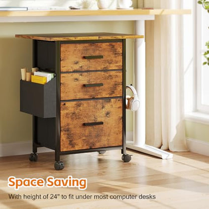 Mexin 3 Drawer File Cabinet with 22'' Extended Desktop, Mobile Filing Cabinet, Printer Stand, Rolling Printer Stand with Side Bag, Fabric Drawer, Fits A4 Size, Home Office,Rustic Brown - color: Rustic Brown