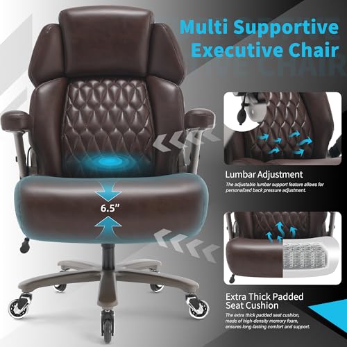 Big and Tall Office Chair 700lbs, Ergonomic High Back Computer Desk Chair | Adjustable Headrest&Lumbar Support, 3D Flip Arms, Large Wheels, Heavy Duty Metal Base, Thick Padded Wide Seat Executive Chair - color: Brown