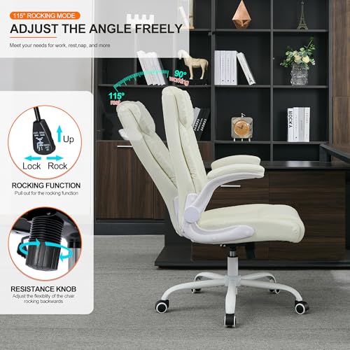 Office Desk Chair,Ergonomic Conference Room Chairs,Mid Back Executive Leather Chair,Comfy Computer Desk Chairs with Adjustable Flip-Up Arms and Rocking Function (Beige) - color: Beige
