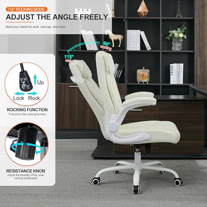 Office Desk Chair,Ergonomic Conference Room Chairs,Mid Back Executive Leather Chair,Comfy Computer Desk Chairs with Adjustable Flip-Up Arms and Rocking Function (Beige) - color: Beige