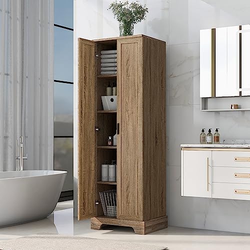 Tall Storage Cabinet, Bathroom Floor Freestanding Storage Cabinet with 2 Doors, 5 Shelves, and Adjustable Shelves for Bathroom, Office, Living Room, Brown - color: Brown