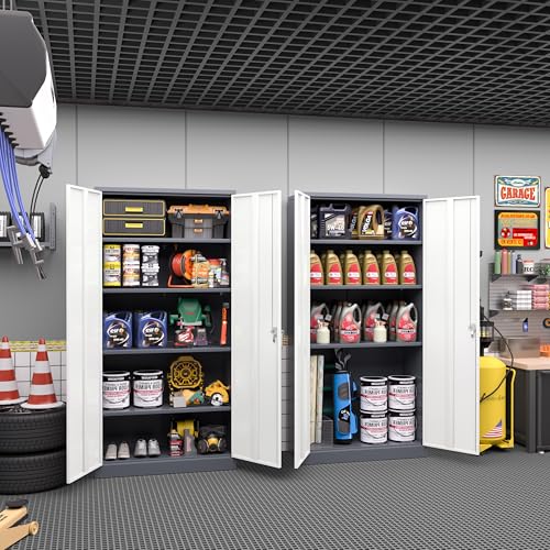 Greenvelly Metal Storage Cabinet with 2 Doors and 4 Adjustable Shelves,72" Locking Metal Garage Cabinet, Steel Tool Cabinets, Lockable Filling Cabinet for Home, Office, Garage, School(36" W x 18" D) - color: Gray White, size: 72" Storage Cabinet