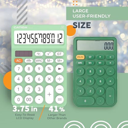 CATIGA 12 Digit Desktop Calculator Basic Desk Calculator with Large LCD Display, Big Buttons, 4 Function, Solar and Battery Dual Power, for Office, School, Home, SD-1292 Mint - color: 5.3) Mint