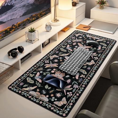 iCasso Black Large Mouse Pad, Desk Matt for Desktop, Insects | XXL Desk Mat for Keyboard and Mouse, Anti-Slip Big Mousepad Computer Mat with Stitched Edges - color: Insect-black