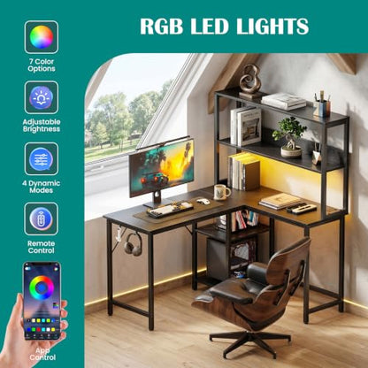 OLIXIS L Shaped Desk, Gaming Desk, LED Lights, 43 Inch | Power Outlets, Reversible Corner Home Office Table, Adjustable Shelf CPU Stand, Black - size: 43.3 IN